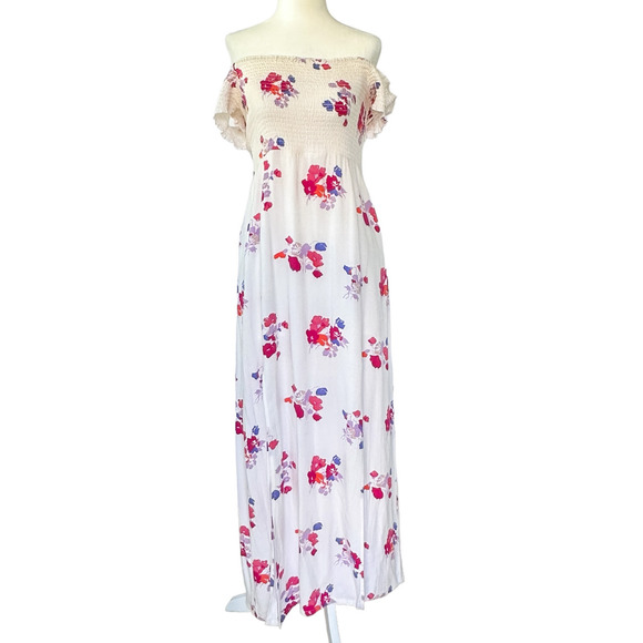 MINKPINK Falling Bloom Floral Smocked Off The Shoulder Maxi Dress White Pink  L - Picture 2 of 13